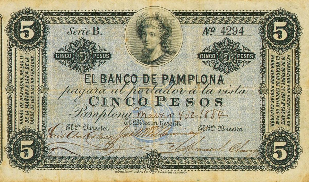 Front of Colombia pS712: 5 Pesos from 1884