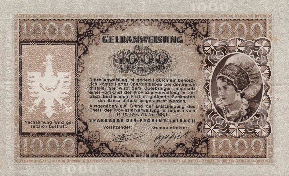 Back of Slovenia pR9: 1000 Lire from 1944