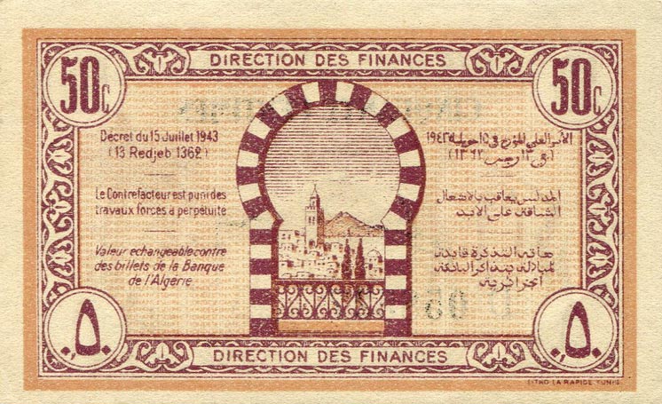Back of Tunisia p54: 50 Centimes from 1943
