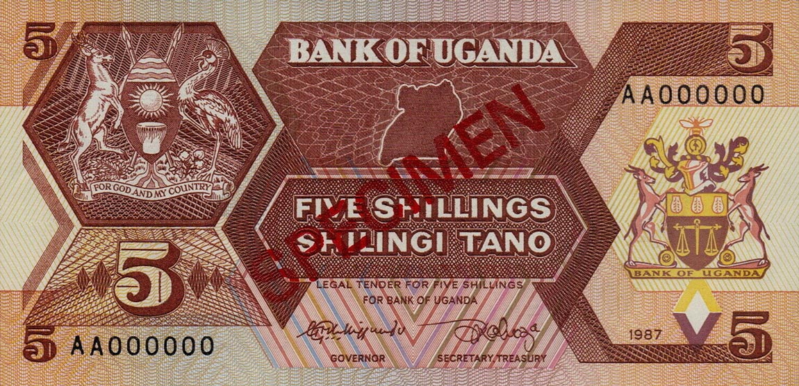 Front of Uganda p27s: 5 Shillings from 1987