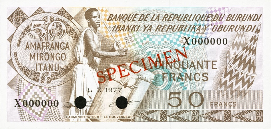 Front of Burundi p28s: 50 Francs from 1977