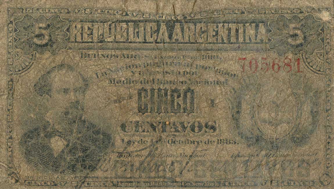 Front of Argentina p1: 5 Centavos from 1884