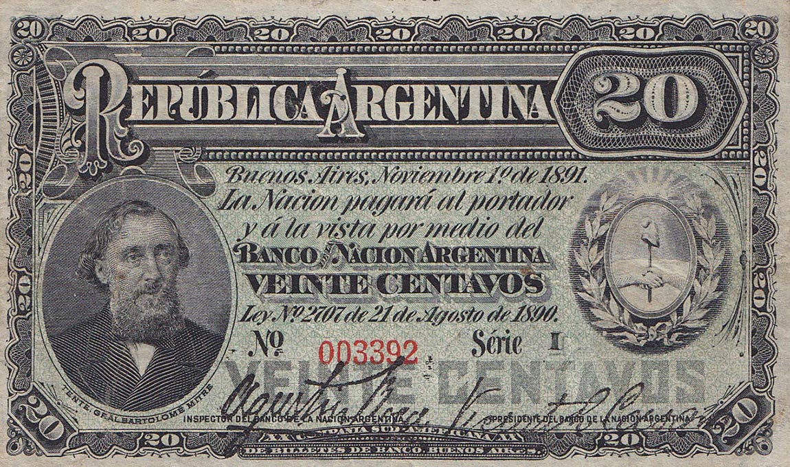 Front of Argentina p211a: 20 Centavos from 1891