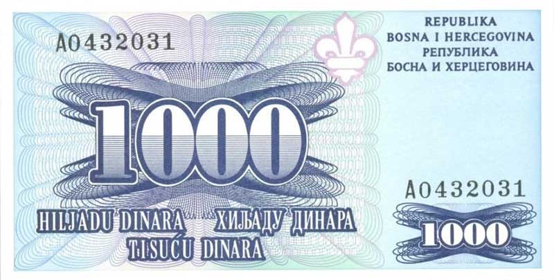 Front of Bosnia and Herzegovina banknote, 1000 Dinara, pick 47C from the year 1995