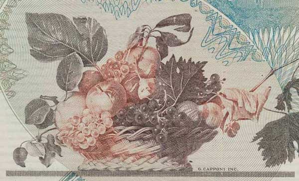 basket of fruit by caravaggio on italian paper money