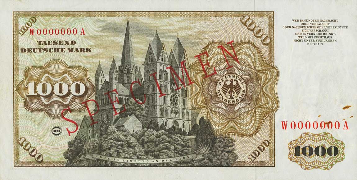 Back of German Federal Republic p24s: 1000 Deutsche Mark from 1960