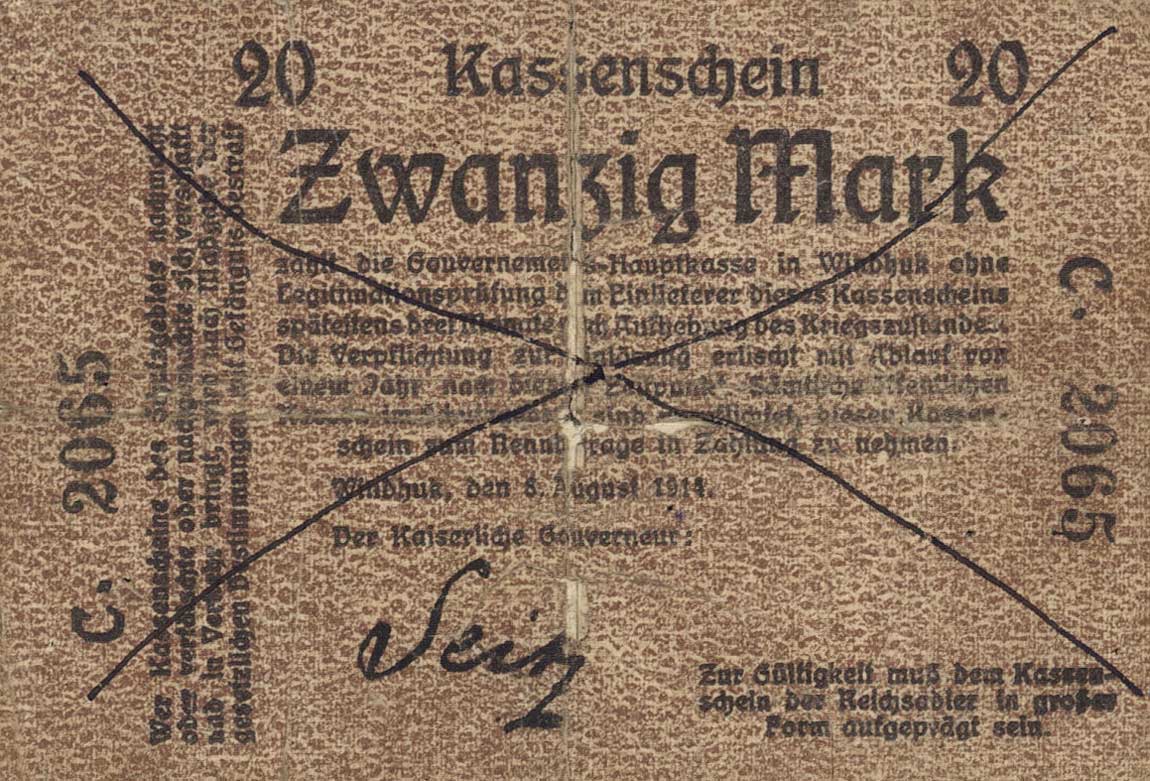 Front of German South West Africa p3b: 20 Mark from 1914