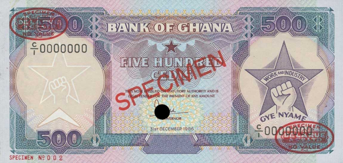 Front of Ghana p28s: 500 Cedis from 1986