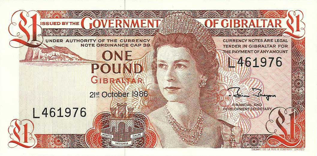 Front of Gibraltar p20d: 1 Pound from 1986