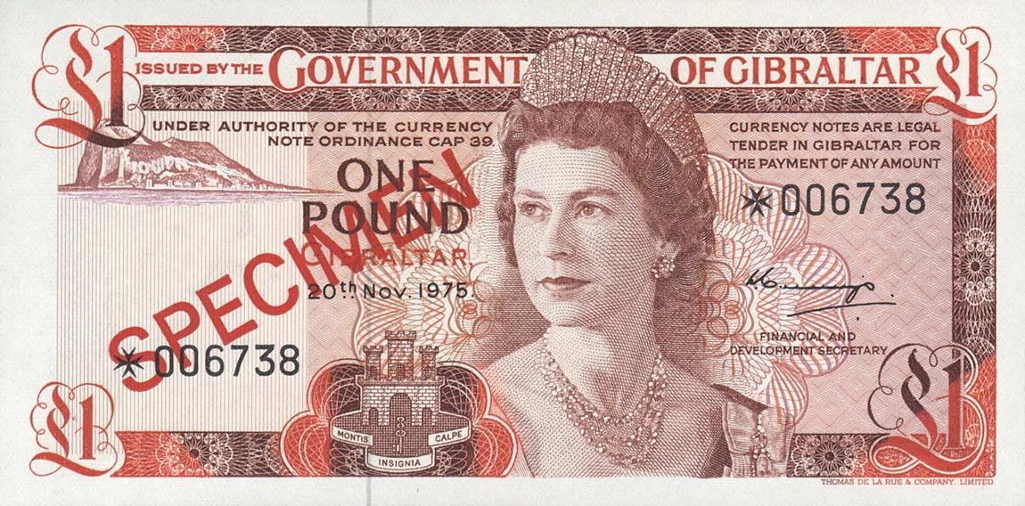 Front of Gibraltar p20s: 1 Pound from 1975