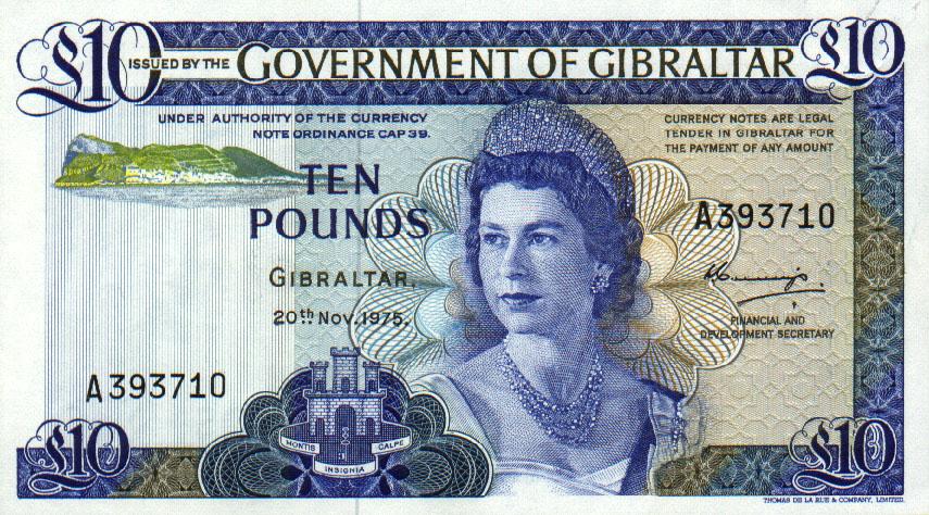 Front of Gibraltar p22a: 10 Pounds from 1975