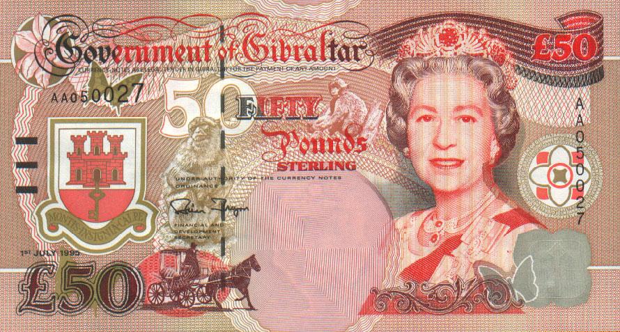 Front of Gibraltar p28a: 50 Pounds from 1995