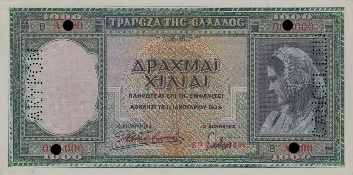 Front of Greece p110s: 1000 Drachmaes from 1939