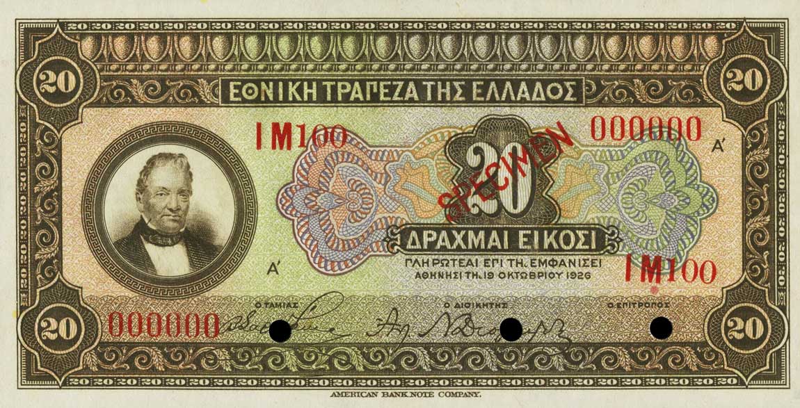 Front of Greece p95s: 20 Drachmaes from 1926