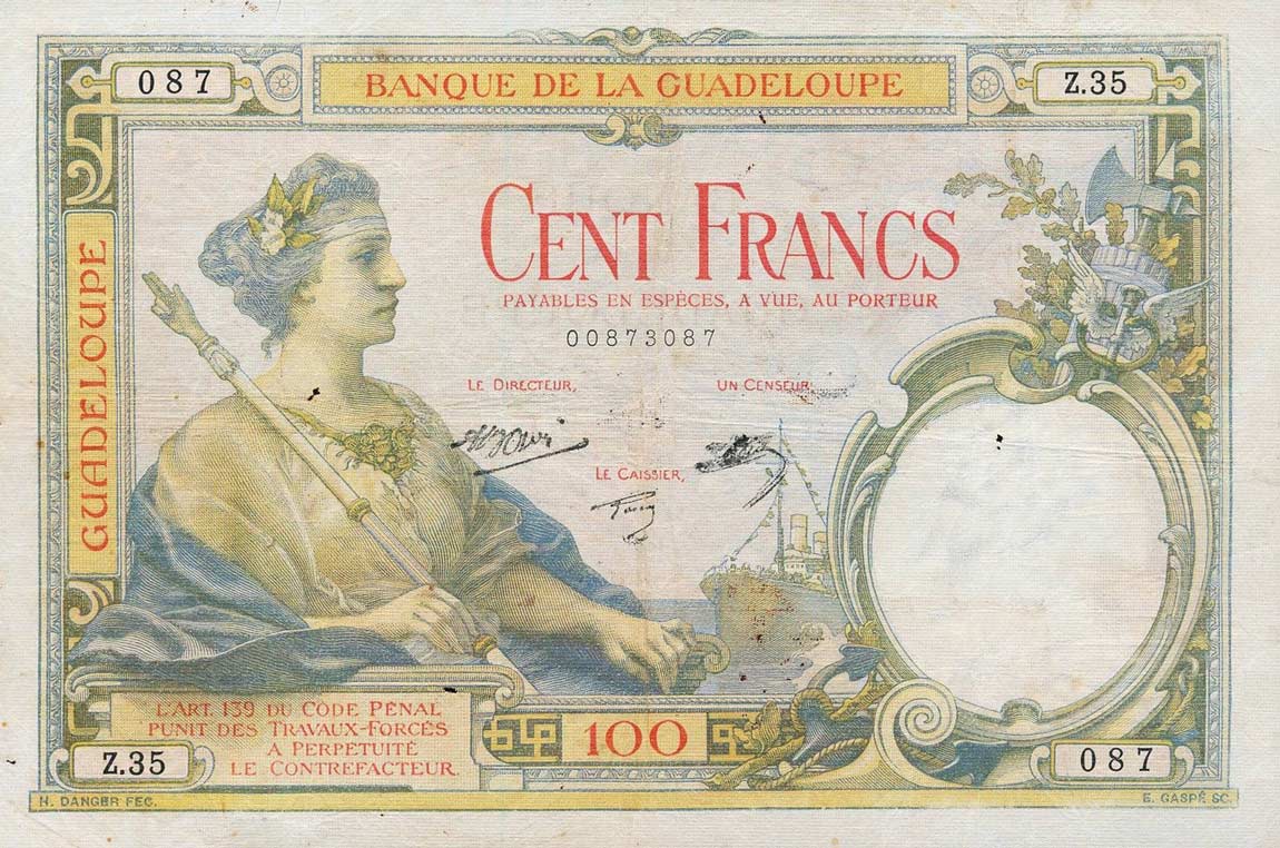 Front of Guadeloupe p16: 100 Francs from 1934