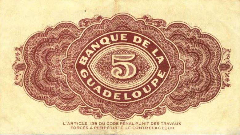Back of Guadeloupe p21b: 5 Francs from 1942