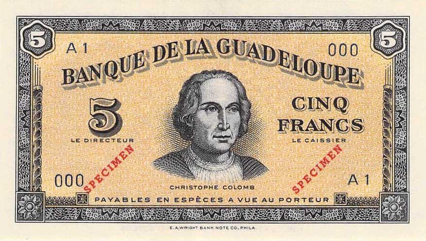Front of Guadeloupe p21s: 5 Francs from 1942