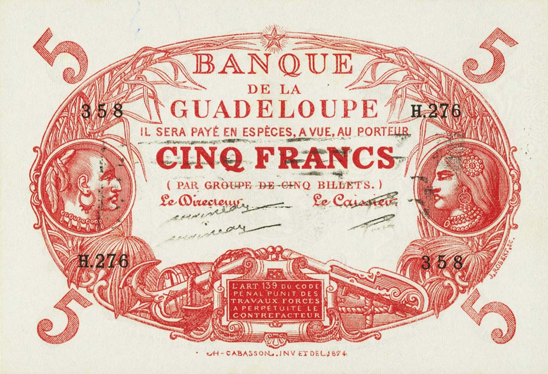 Front of Guadeloupe p7d: 5 Francs from 1944