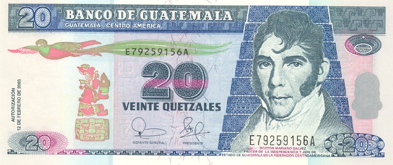 Front of Guatemala p108: 20 Quetzales from 2003