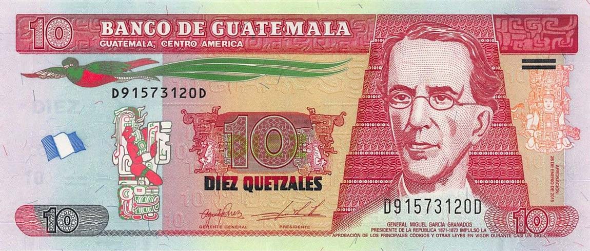 Front of Guatemala p123e: 10 Quetzales from 2015