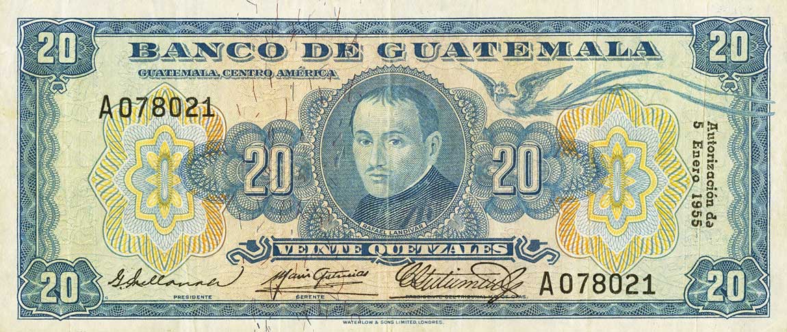 Front of Guatemala p33: 20 Quetzales from 1955