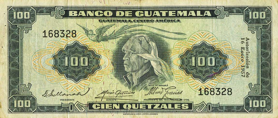 Front of Guatemala p34a: 100 Quetzales from 1955
