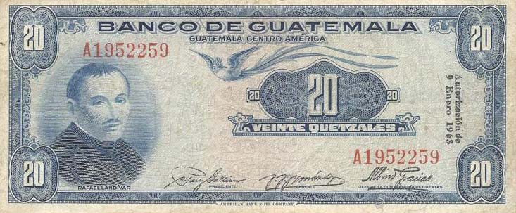 Front of Guatemala p39a: 20 Quetzales from 1963