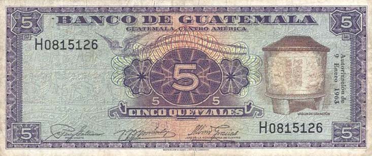Front of Guatemala p45e: 5 Quetzales from 1963