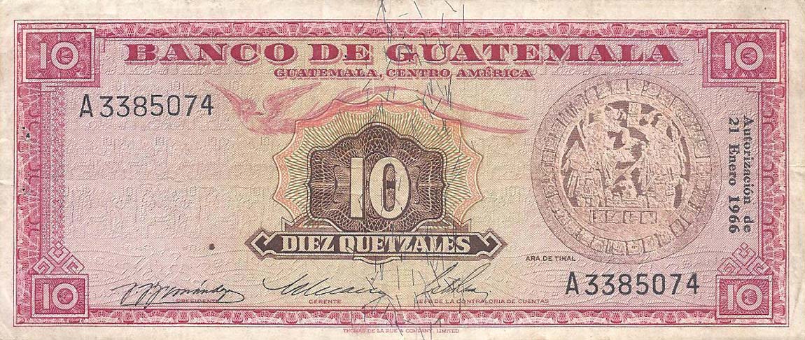 Front of Guatemala p54b: 10 Quetzales from 1966