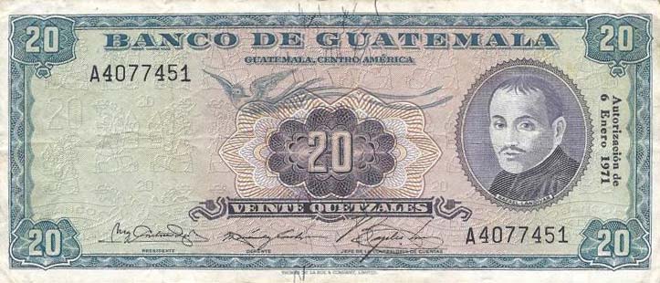 Front of Guatemala p55g: 20 Quetzales from 1971