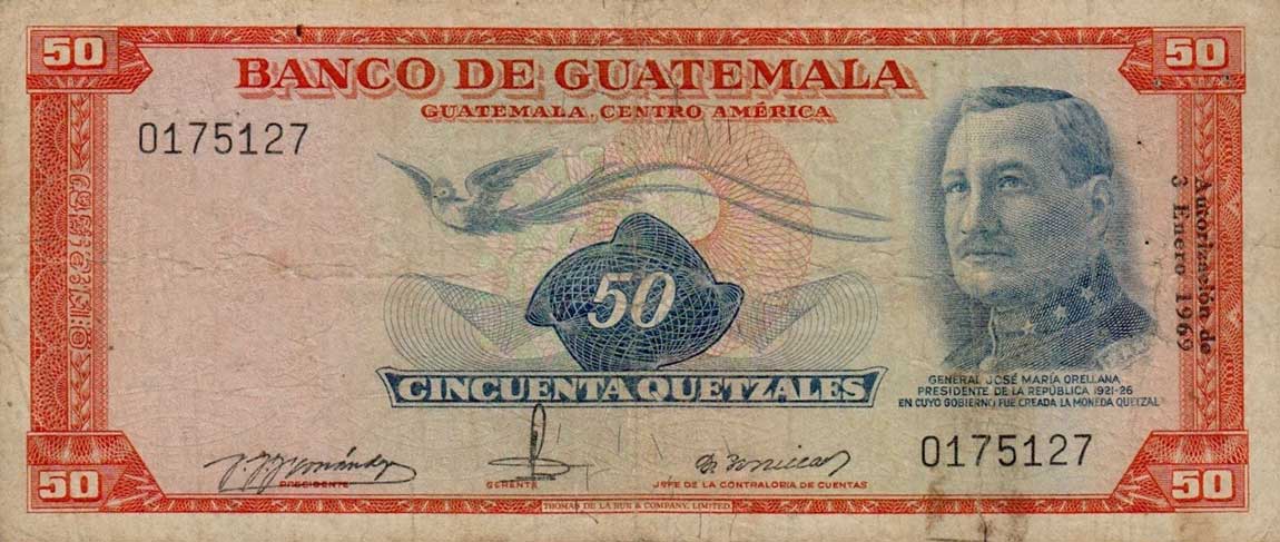 Front of Guatemala p56c: 50 Quetzales from 1969