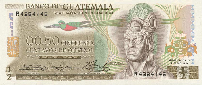 Front of Guatemala p58b: 0.5 Quetzal from 1974