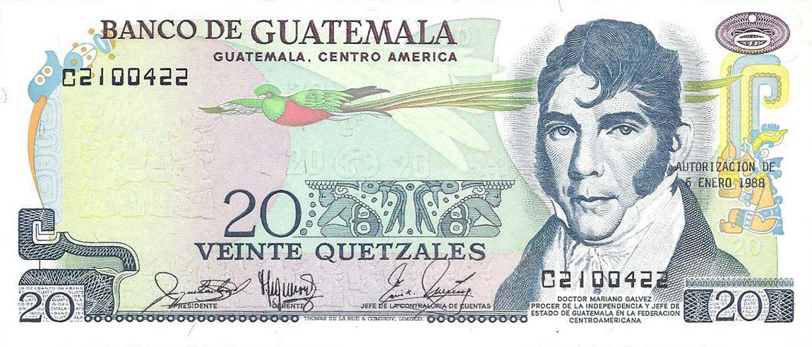 Front of Guatemala p62d: 20 Quetzales from 1988