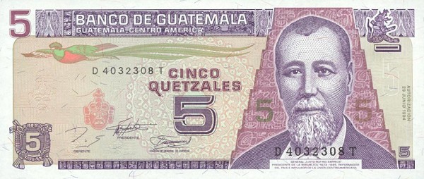 Front of Guatemala p92: 5 Quetzales from 1994