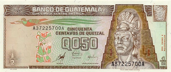 Front of Guatemala p98: 0.5 Quetzal from 1998