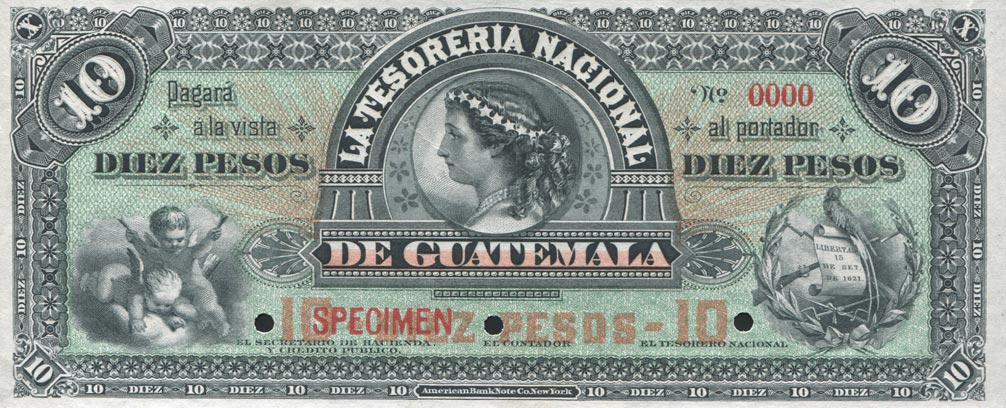 Front of Guatemala pA6s: 10 Pesos from 1882
