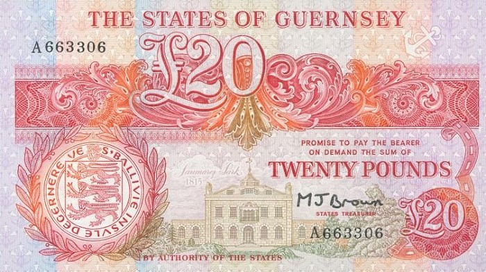 Front of Guernsey p51b: 20 Pounds from 1980