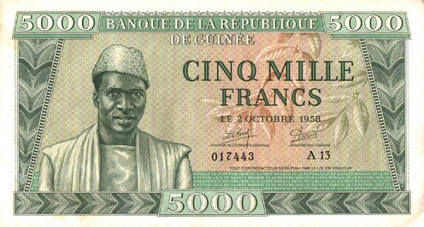 Front of Guinea p10a: 5000 Francs from 1958