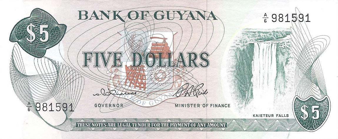 Front of Guyana p22a: 5 Dollars from 1966