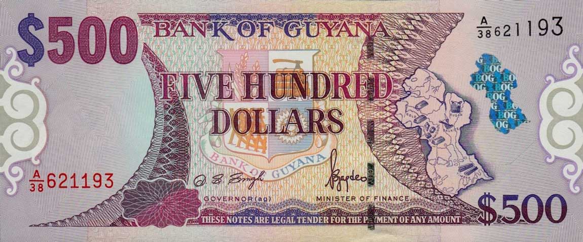 Front of Guyana p34a: 500 Dollars from 2002