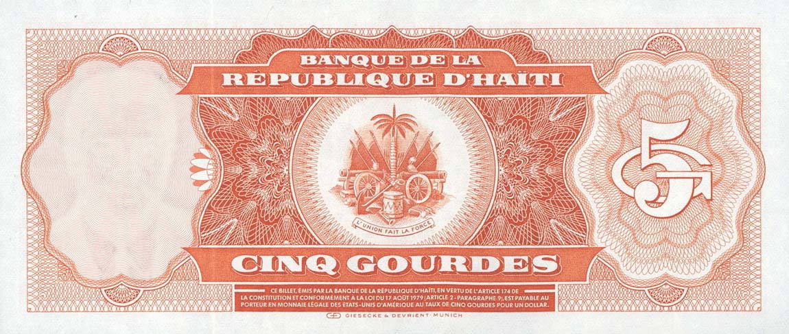 Back of Haiti p241a: 5 Gourdes from 1985