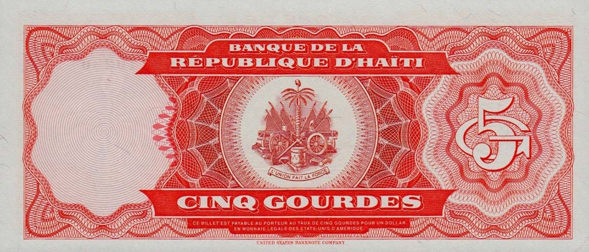 Back of Haiti p255a: 5 Gourdes from 1989