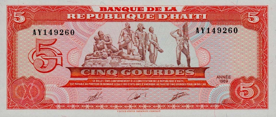 Front of Haiti p255a: 5 Gourdes from 1989
