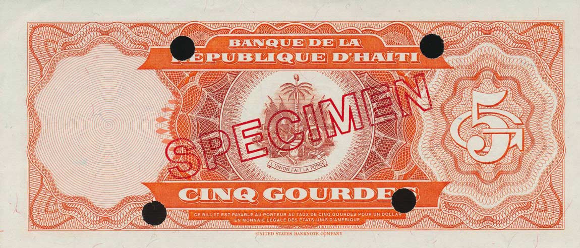 Back of Haiti p255s: 5 Gourdes from 1989