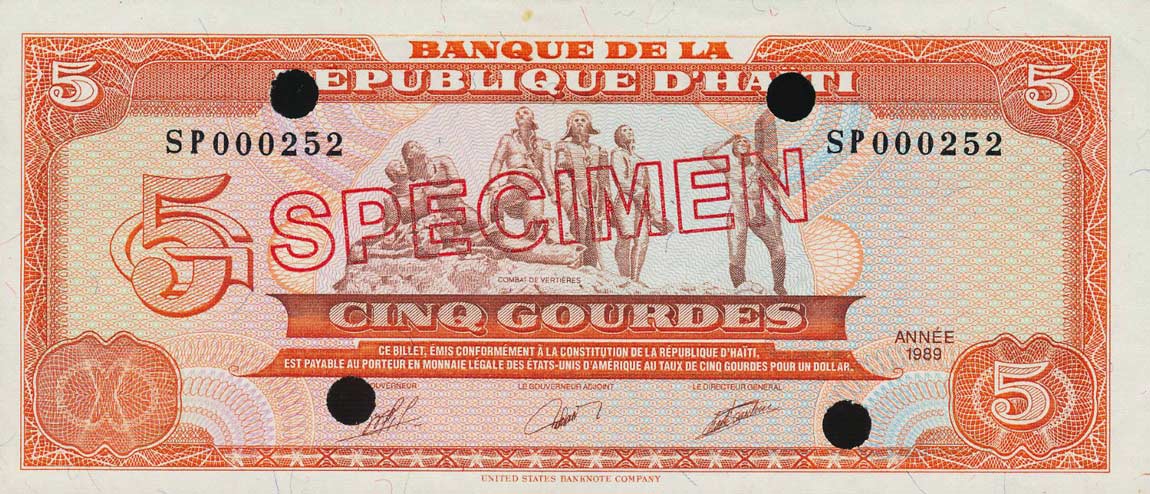 Front of Haiti p255s: 5 Gourdes from 1989