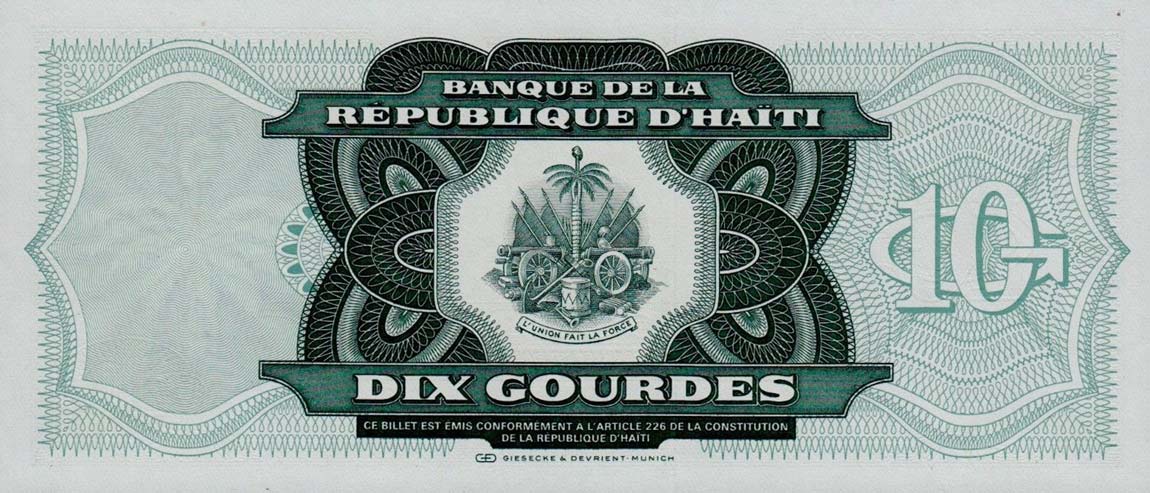 Back of Haiti p256a: 10 Gourdes from 1991
