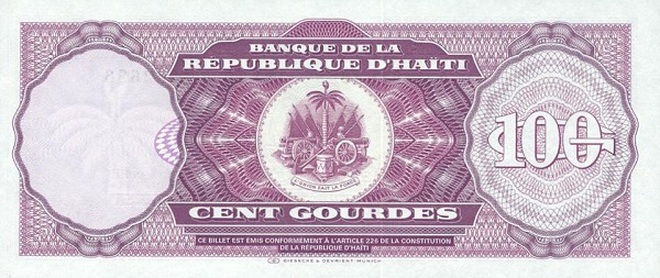 Back of Haiti p258a: 100 Gourdes from 1991
