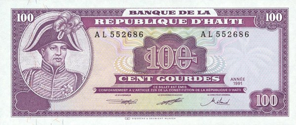 Front of Haiti p258a: 100 Gourdes from 1991