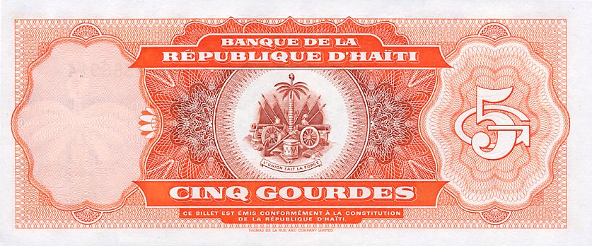 Back of Haiti p261a: 5 Gourdes from 1992