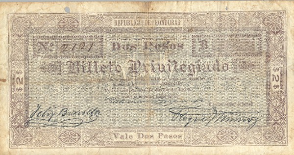 Back of Honduras p14: 2 Pesos from 1891